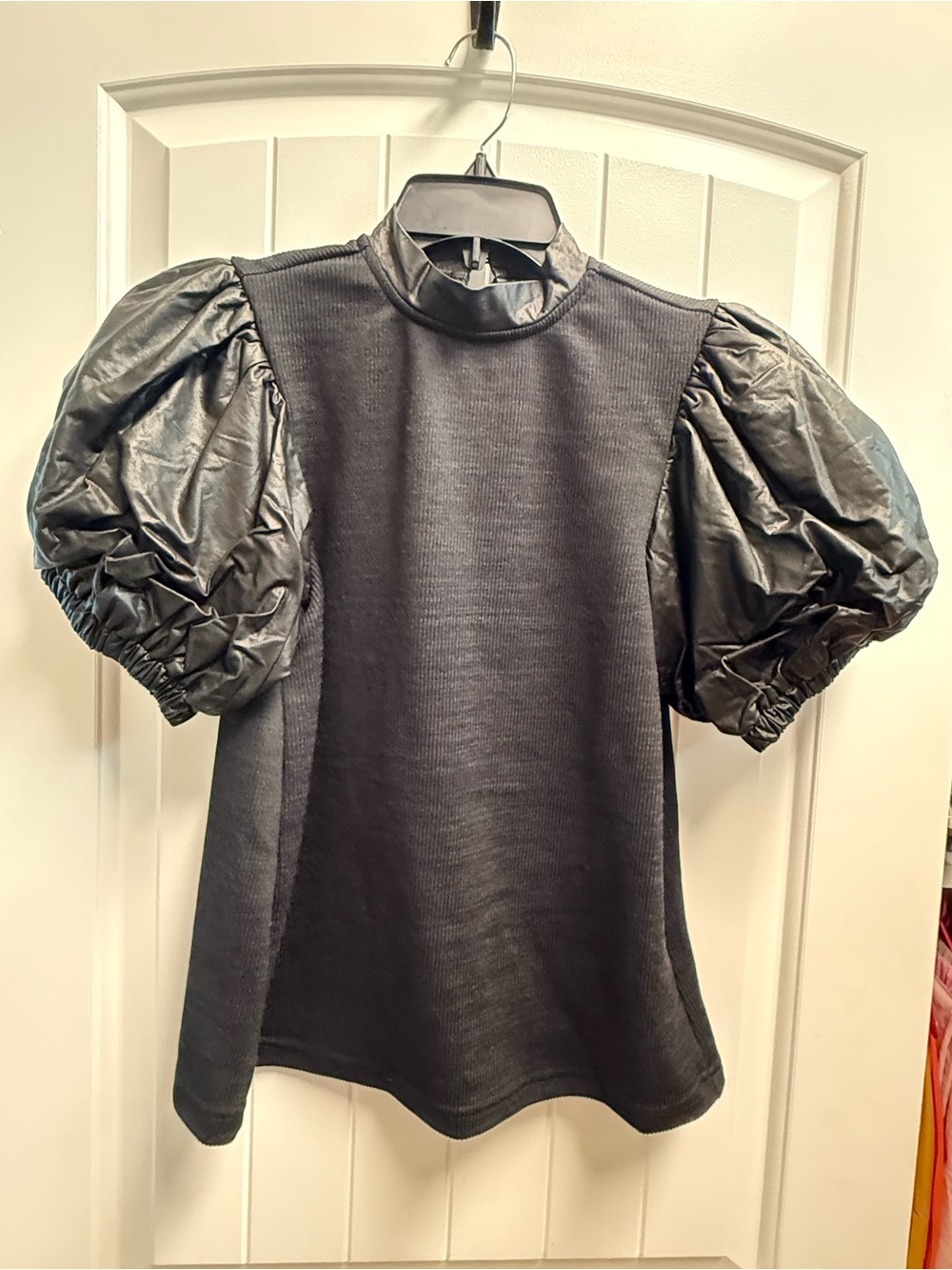 THML Black Faux Leather Puff Sleeve Mock Neck Top Women’s XS Statement Blouse